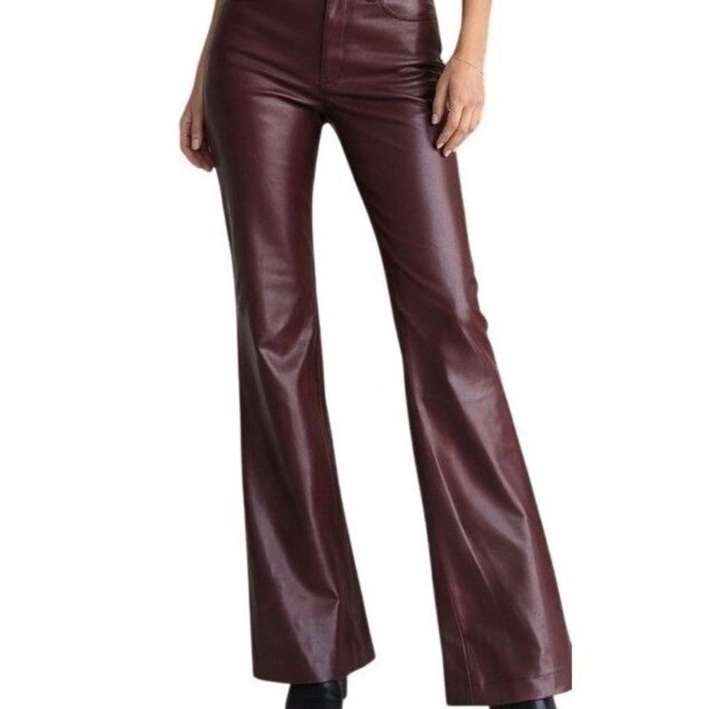 7 For All Mankind Burgundy Faux Leather Pants 6 High Rise Flare Maroon Wine